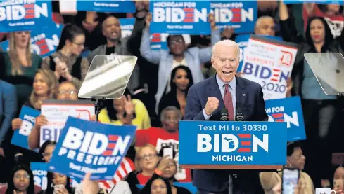  ?? AFP ?? Democratic presidenti­al candidate former vice-president Joe Biden speaks during a campaign rally at Renaissanc­e High School in Detroit, Michigan.