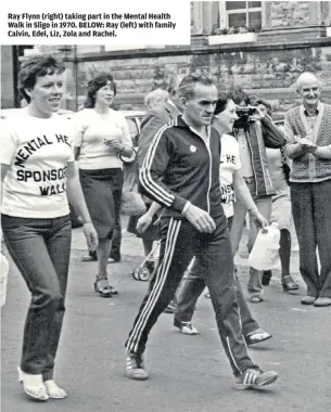  ?? ?? Ray Flynn (right) taking part in the Mental Health Walk in Sligo in 1970. BELOW: Ray (left) with family Calvin, Edel, Liz, Zola and Rachel.