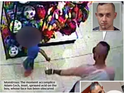  ??  ?? Monstrous: The moment accomplice Adam Cech, inset, sprayed acid on the boy, whose face has been obscured