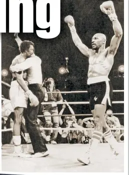  ?? TORONTO SUN/FILES ?? Marvin Hagler (right) beats Thomas Hearns in 1985 at Caesars Palace, Simmons’ first Vegas fight. Below, Buster Douglas’ weigh-in and (bottom) Mike Tyson.