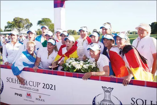  ??  ?? Team Europe poses after they defeated the United States at the Solheim Cup golf tournament, on Sept. 6, in Toledo, Ohio. (AP)