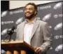  ?? THE ASSOCIATED PRESS ?? Philadelph­ia Eagles first round draft pick Derek Barnett smiles during a news conference at the team’s training complex, Friday, in Philadelph­ia. Barnett, a defensive end from Tennessee, was selected 14th overall.