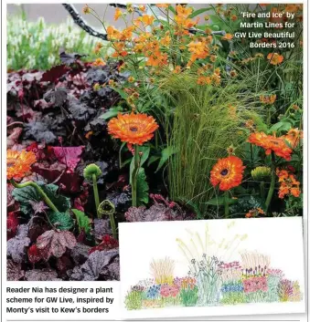  ??  ?? Reader Nia has designer a plant scheme for GW Live, inspired by Monty’s visit to Kew’s borders i ‘Fire and Ice’ by Martin Lines for GW Live Beautiful Borders 2016