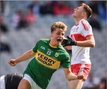  ??  ?? Fiachra Clifford of Kerry celebrates after scoring his side’s third goal during the Electric Ireland GAA Football All-Ireland Minor Championsh­ip Final match between Kerry and Derry at Croke Park
Photo by Seb Daly / Sportsfile