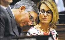  ?? Jessica Hill / Associated Press ?? State Senate Minority Leader Len Fasano, RNorth Haven, and House Minority Leader Themis Klarides, RDerby, here in a file photo, on Tuesday asked a candidate for Congress to drop out after a graphic, sexually explicit Twitter post came to light.