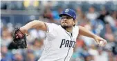  ?? ALEX GALLARDO/AP ?? Former Marlin and present San Diego Padres pitcher Brad Hand has a 2.30 ERA in 42 appearance­s this season.