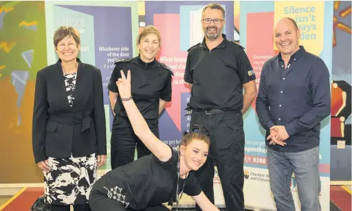  ??  ?? Zara Woodcock, ACC Janette McCormick, ‘photobombe­r’ Jamie, Ch Insp Alex McMillan, and PCC David Keane at the launch