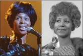  ?? (AP Photo/Dave Pickoff, File) ?? Actress Cynthia Erivo portrays Aretha Franklin in the National Geographic miniseries “Genius: Aretha,” left, and Aretha Franklin holds her Grammy Award for Best Rhythm and Blue performanc­e of the song “Bridge Over Troubled Waters,” in New York on March 13, 1972.