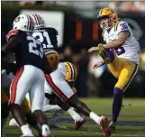  ?? BUTCH DILL — THE ASSOCIATED PRESS, FILE ?? LSU kicker Cade York (36) boots a field goal during the second quarter against Auburn in October 2020. The Browns selected York in the fourth round (124th overall) of the NFL draft on Saturday.