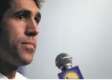  ?? Carlos Avila Gonzalez / The Chronicle ?? Warriors general manager Bob Myers discusses the suspension of Draymond Green before the team’s game against the Hawks at Oracle Arena.