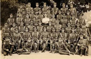  ??  ?? A line-up of the 2nd Battalion Welsh Guards in WW1 – James Spellmen served in this regiment