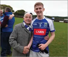  ??  ?? Éire Óg club legend Patsy Vickers celebrates with Neil Browne.