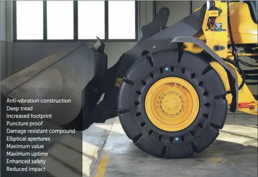  ??  ?? Anti-vibration constructi­on Deep tread Increased footprint Puncture proof Damage resistant compound Elliptical apertures Maximum value Maximum uptime Enhanced safety Reduced impact