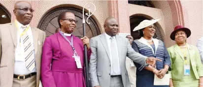  ?? Photo: Gov. Office ?? From left: Chancellor, The Diocese of Lagos, Church of Nigeria, Rtd. Justice George Oguntade; Diocesan Bishop of Lagos and Dean Emeritus, Church of Nigeria (Anglican Communion), Most Reverend Ephraim Ademowo; Lagos State Governor, Mr. Akinwunmi Ambode;...