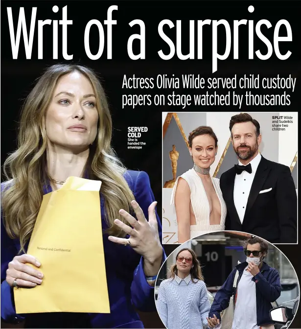  ?? ?? SERVED COLD
She is handed the envelope
SPLIT Wilde and Sudeikis share two children