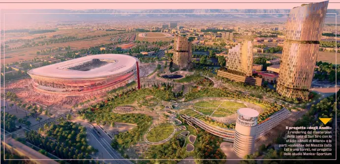  ??  ?? Il progetto «degli Anelli» Il rendering del masterplan della zona di San Siro con lo stadio «Anelli di Milano» e le parti «salvate» del Meazza (lato Est e una torre), nel progetto dello studio Manica-Sportium