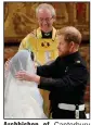  ?? (AP/Owen Humphreys) ?? Archbishop of Canterbury Justin Welby presides as Britain’s Prince Harry pulls back the veil worn by Meghan Markle during their wedding at St. George’s Chapel in Windsor Castle on May 19, 2018.