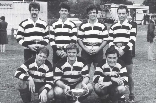  ??  ?? 0 Sevens heaven: A classic Kelso line-up of Euan Common, Graeme Brown, Bob Hogarth, Andrew Ker (back row); Gary Callander, Eric Paxton and Keith Gerrard (front row) in 1983, main picture. Ker and Paxton celebrate with Alan Tait during the 1988 Melrose Sevens triumph, left, and Gala’s Dunc Paterson.