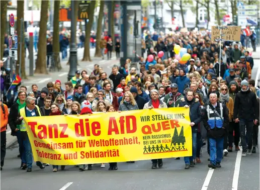  ?? (Reuters) ?? PEOPLE PROTEST a meeting of the Alternativ­e For Germany Party in Cologne last Monday. ‘The question therefore arises: Are we facing a 21st-century version of interwar Europe?’