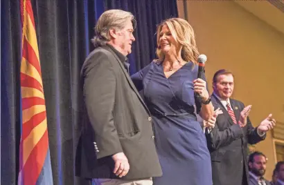  ?? MICHAEL CHOW/THE REPUBLIC ?? Steve Bannon, former White House chief strategist, introduces Dr. Kelli Ward during Ward’s Senate campaign kickoff event at the Hilton Scottsdale Resort on Tuesday.