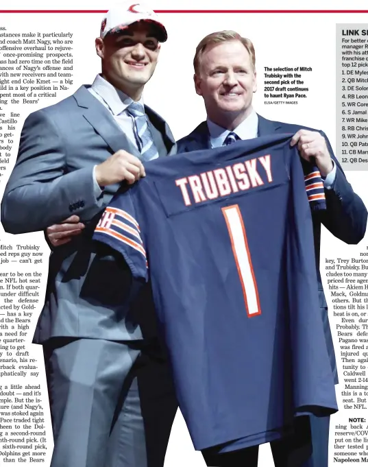  ?? ELSA/GETTY IMAGES ?? The selection of Mitch Trubisky with the second pick of the 2017 draft continues to haunt Ryan Pace.
