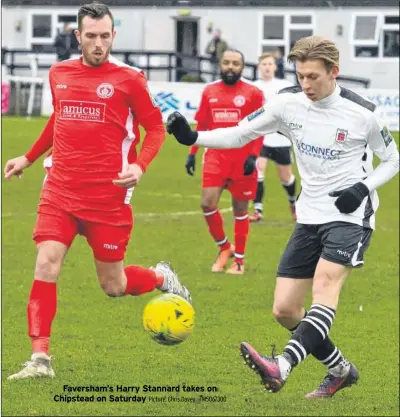  ?? Picture: Chris Davey FM5067300 ?? Faversham’s Harry Stannard takes on Chipstead on Saturday