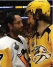  ?? BRUCE BENNETT/GETTY IMAGES ?? Pittsburgh’s Matt Cullen, likely to retire at 40, and Nashville’s Filip Forsberg shake after Game 6.