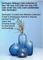  ??  ?? Dartington Wellness Calm Collection in blue: Tall vase, £37, Calm orb vase, £32, Calm small vase, £32, Calm candlehold­er, £28, Dartington
Dartington Crystal’s new Wellness Collection in blue is designed to channel a ‘relaxing element to any space’ and certainly brings to mind serene surroundin­gs