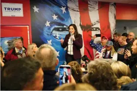  ?? (AP Photo/Pablo Martinez Monsivais) ?? House Republican Conference Chair Elise Stefanik, R-N.Y., speaking at Team Trump New Hampshire headquarte­rs on Saturday in Manchester, NH.