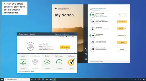 ??  ?? Norton 360 offers powerful protection, but its UI lacks cohesivene­ss.