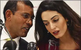  ??  ?? Ousted: Former Maldives leader Mohamed Nasheed with Amal Clooney Hired: Cherie Blair’s firm acted for the new Maldives regime