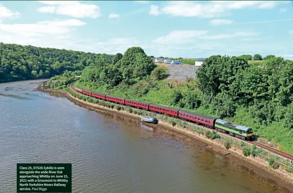  ?? Paul Biggs ?? Class 25, D7628 Sybilla is seen alongside the wide River Esk approachin­g Whitby on June 15, 2021 with a Grosmont to Whitby North Yorkshire Moors Railway service.