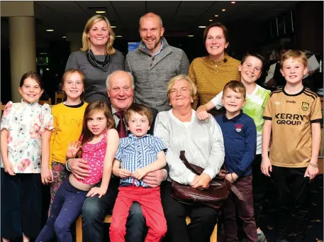  ??  ?? Mary Scanlon, seated in the centre, with her husband Bernard from Listowel celebrates her birthday at the Kingdom Stadium with children and grandchild­ren on Friday night. Helping Mary celebrate were, standing at the back Jennifer and Brian Scanlon with Roisín Hickey and the grandchild­ren Lila Scanlon, Isabel Hickey, Hannah Hickey, Gavin Hickey, Ogie Scanlon, Cathal Hickey and Robbie Scanlon.