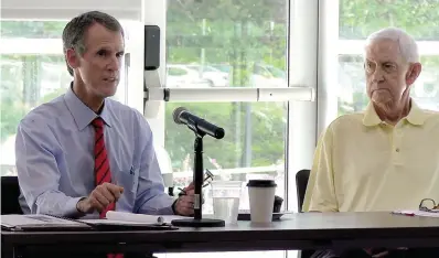  ?? The Sentinel-Record/Andrew Mobley ?? ■ National Park College President John Hogan comments during Wednesday’s board of directors workshop held in the Student Commons building as board member Mike Bush looks on.