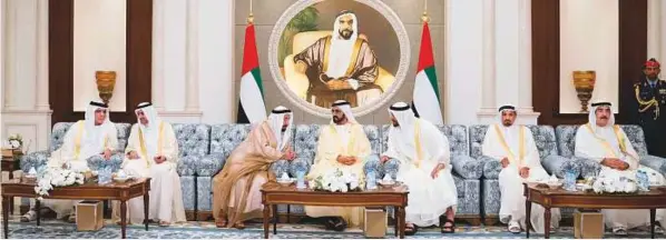  ?? WAM ?? Shaikh Mohammad Bin Rashid and Shaikh Mohammad Bin Zayed yesterday received Their Highnesses Supreme Council Members and Rulers of the Emirates at Al Mushrif Palace in Abu Dhabi. The leaders exchanged greetings on the occasion of Eid Al Fitr. SEE ALSO A6-7