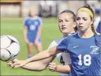  ?? Hans Pennink / Special to the Times Union ?? Averill Park’s Sydney Gile (4) and Saratoga’s Paris Fenoff (18) chase a loose ball. The two teams played for 100 minutes over regulation and two overtimes, but neither squad could find the net.