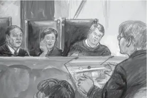  ?? Associated Press ?? ■ This courtroom sketch depicts Attorney Brenda G. Bryn, far right, speaking Tuesday in front of, from left, Associate Justice Samuel Alito Jr., Associate Justice Elena Kagan and Associate Justice Brett Kavanaugh at the Supreme Court in Washington.