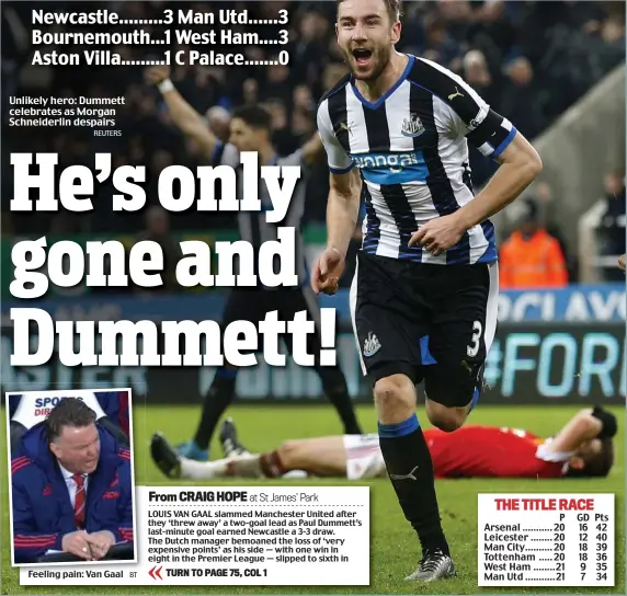  ?? REUTERS
BT ?? Newcastle.........3 Man Utd......3 Bournemout­h...1 West Ham....3 Aston Villa.........1 C Palace.......0 Unlikely hero: Dummett celebrates as Morgan Schneiderl­in despairs
Feeling pain: Van Gaal