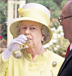  ??  ?? Cheers: the Queen at a wine tasting, above. Below, the royal sloe gin and best bitter