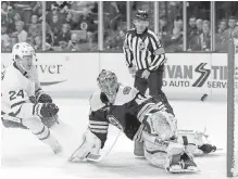  ?? THE ASSOCIATED PRESS ?? Toronto’s Connor Brown scores on Boston’s Tuukka Rask during Game 5 on Saturday.