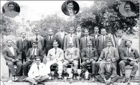  ??  ?? Officials and delegates of the South Coast District Indian Football Associatio­n (SCDIFA) with their collection of trophys, photograph­ed during the 1925 season.