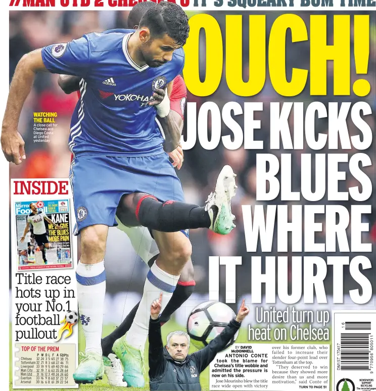  ??  ?? WATCHING THE BALL A close call for Chelsea ace Diego Costa at United yesterday