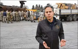  ?? CLODAGH KILCOYNE/POOL PHOTO VIA AP ?? U.S. Secretary of State Antony Blinken speaks at Incirlik Air Base near Adana, Turkey, on Sunday. He was in Turkey to survey earthquake damage.