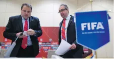  ?? DARRYL DYCK/THE CANADIAN PRESS ?? Victor Montaglian­i, left, and Peter Montopoli were first to sign off on a joint bid for the men’s 2026 World Cup.