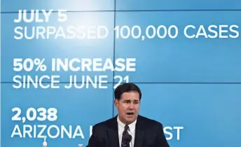  ?? AP ?? Arizona Gov. Doug Ducey speaks about the latest coronaviru­s update for the state at a news conference on Thursday in Phoenix.