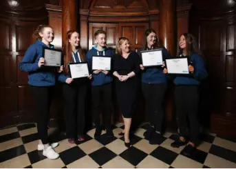  ??  ?? Dearbhail McDonald with ‘Aurora’; Alison O’Sullivan of St Peter’s College, Dunboyne, Saoirse Logan McGivern of Cross and Passion College, Kilcullen; Christophe­r Duffy of St Mac Dara’s Community College, Templeogue; Aoife Murray of Assumption Secondary,...