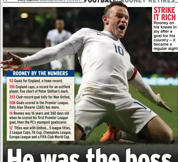  ??  ?? STRIKE IT RICH Rooney on his knees in joy after a goal for his country – it became a regular sight