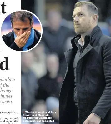  ??  ?? >
The shock sacking of Gary Rowett sent Blues into freefall after Gianfranco Zola, inset, was appointed