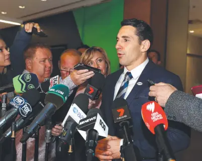  ??  ?? RELIEVED: Billy Slater addresses the media after being found not guilty of a grade one shoulder charge last night.