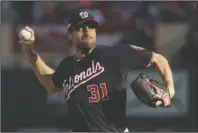  ?? The Associated Press ?? STELLAR SCHERZER: Washington Nationals starting pitcher Max Scherzer prepares to release a pitch Saturday during the fourth inning of Game 2 of the National League Championsh­ip Series against the St. Louis Cardinals in St. Louis.